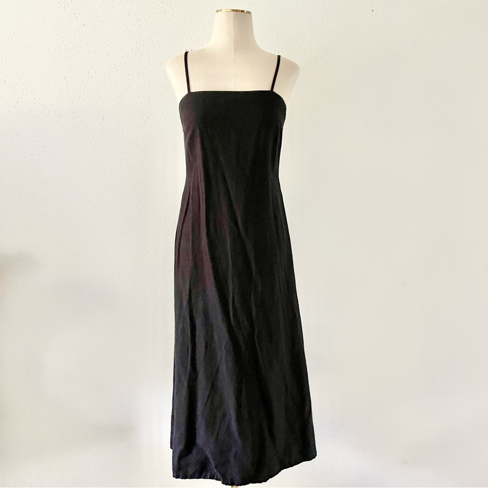 JAPNA Women's Size Small Black Linen Square Neck Sleeveless A-Line Midi Dress S